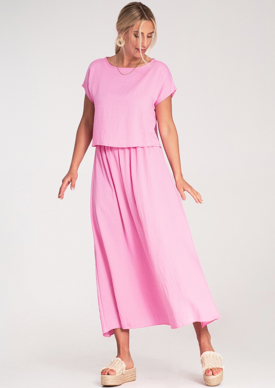 Ružová dámska viskózová súprava voľnej blúzky a sukne s elastickým pásom M1219 Pink Veľkosť: S/M