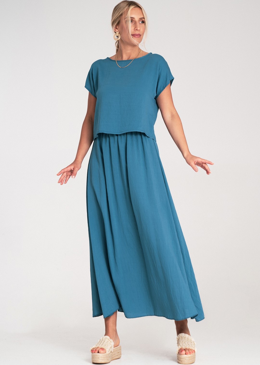 Modrá dámska viskózová súprava voľnej blúzky a sukne s elastickým pásom M1219 Blue Veľkosť: S/M