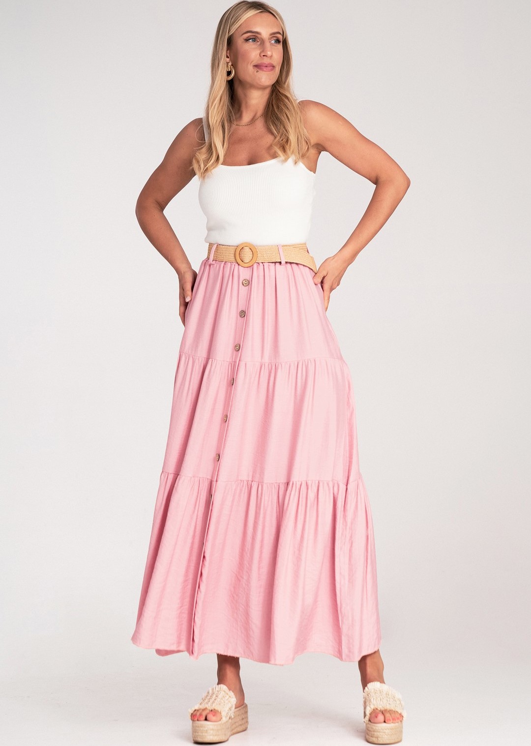 Ružová dámska viskózová midi sukňa z textúrovanej látky M1222 Pink Veľkosť: S/M