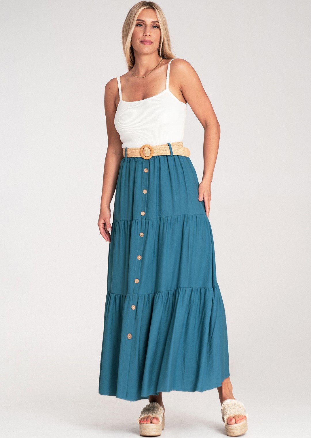 Modrá dámska viskózová midi sukňa z textúrovanej látky M1222 Blue Veľkosť: S/M