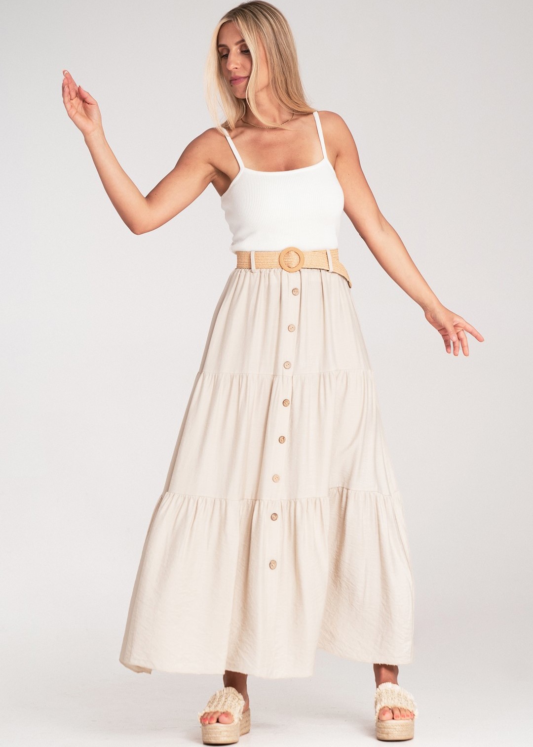 Béžová dámska viskózová midi sukňa z textúrovanej látky M1222 Beige Veľkosť: S/M