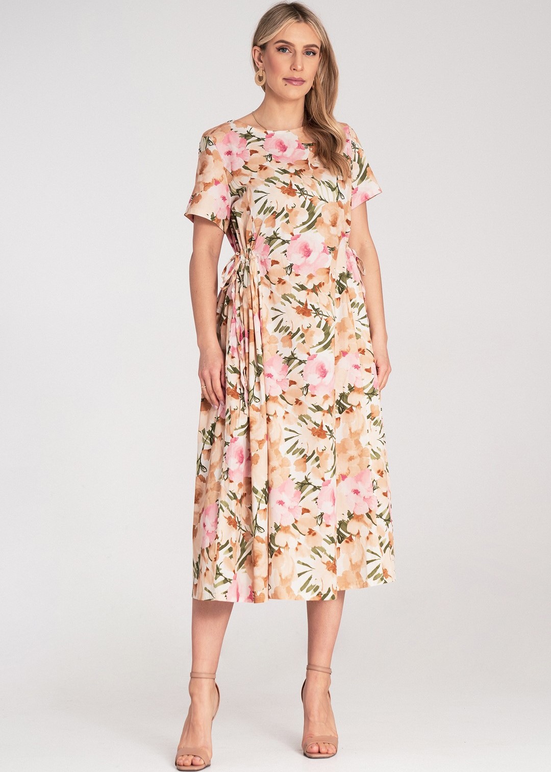 Smotanové midi šaty so sťahovacími šnúrkami a kvetinovou potlačou M1218 Ecru Veľkosť: ONE SIZE