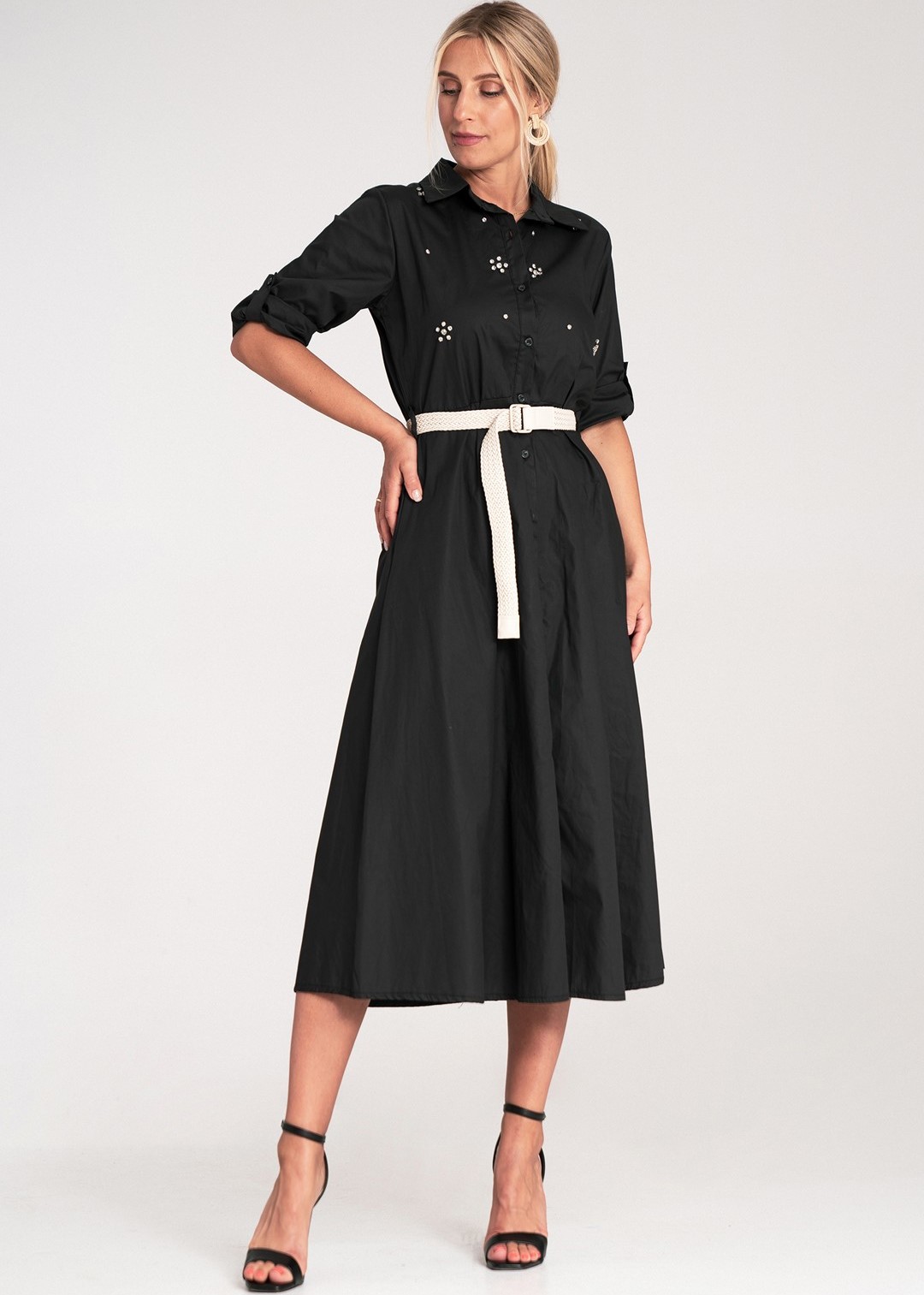 Čierne košeľové midi šaty s kamienkovými ozdobami M1215 Black Veľkosť: S/M