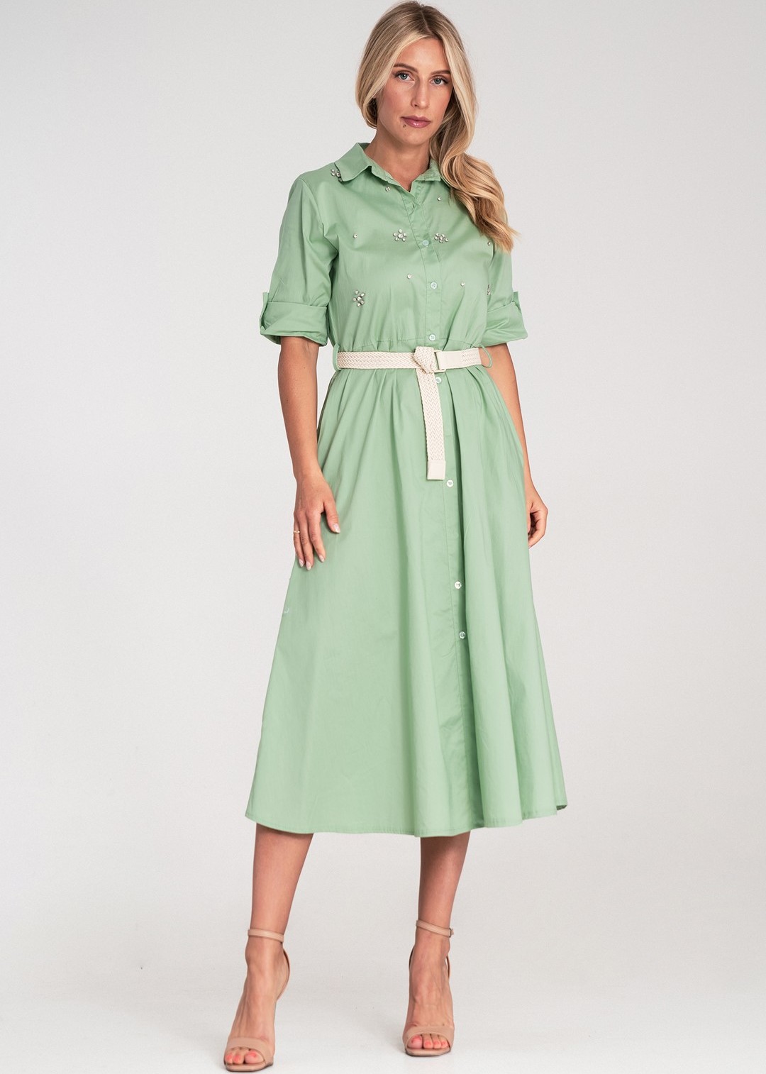 Svetlozelené košeľové midi šaty s kamienkovými ozdobami M1215 Green Veľkosť: S/M