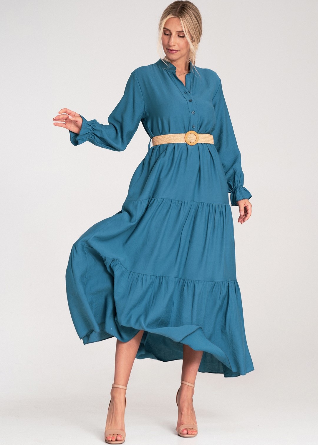 Modré viskózové maxi šaty so stojačikom M1212 Blue Veľkosť: ONE SIZE