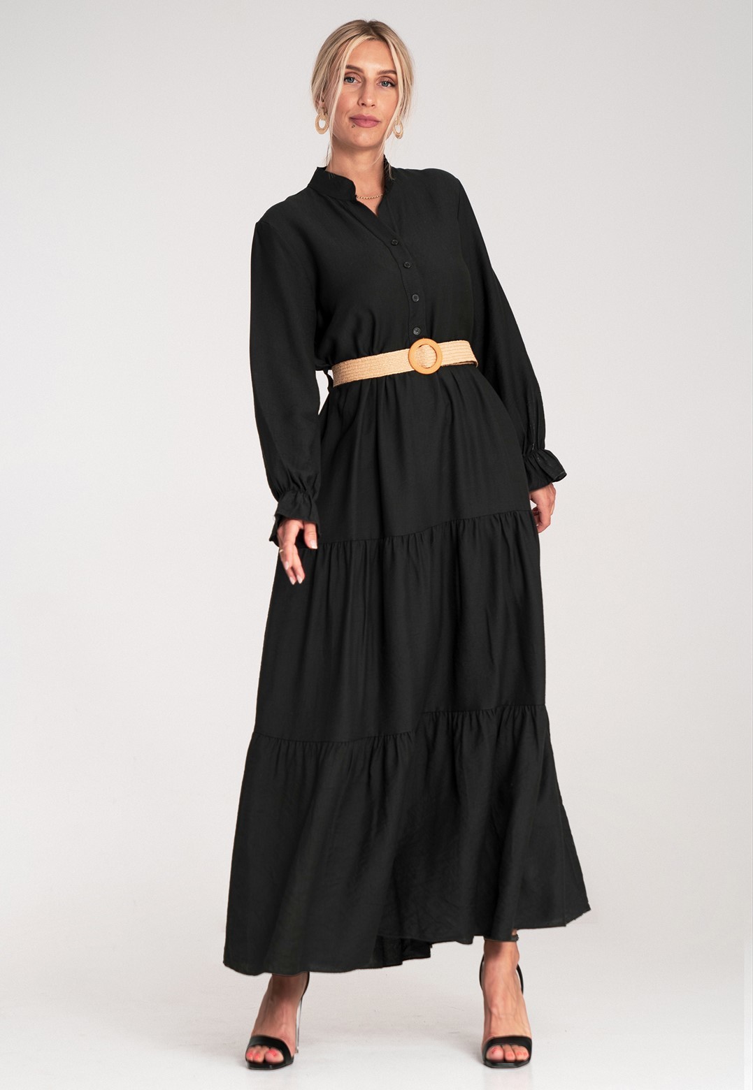 Čierne viskózové maxi šaty so stojačikom M1212 Black Veľkosť: ONE SIZE