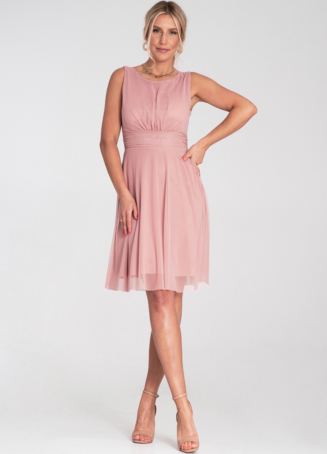 Ružové tylové mini šaty bez rukávov M1208 Pink Veľkosť: S/M