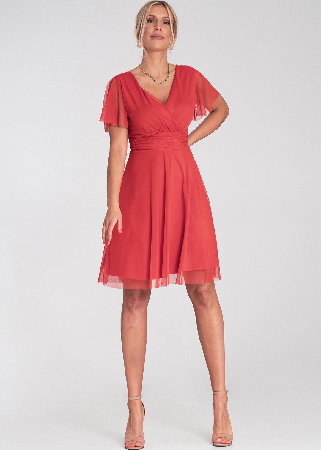 Oranžové tylové šaty s krátkym rukávom M1206 Orange Veľkosť: S/M