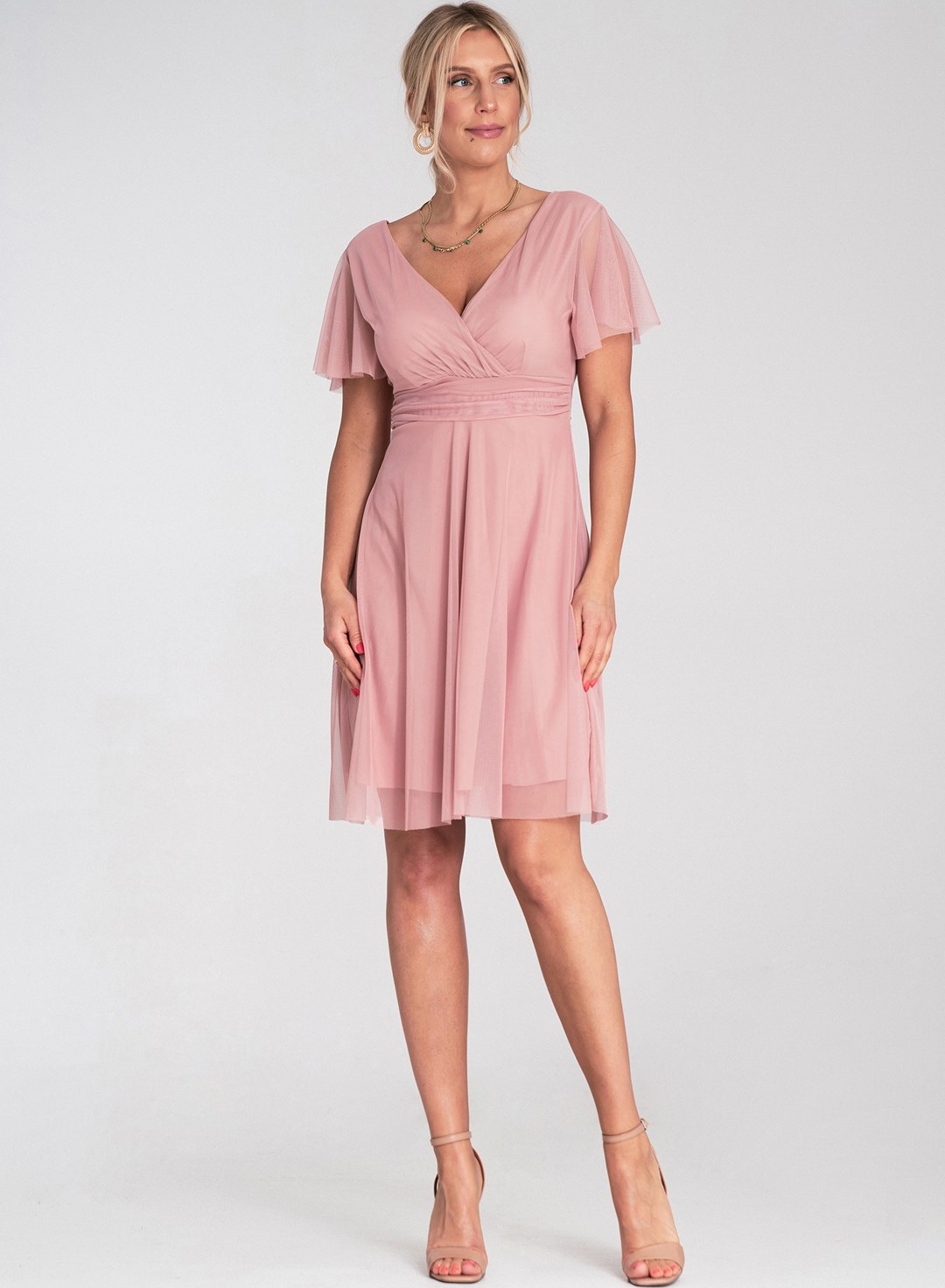 Ružové tylové šaty s krátkym rukávom M1206 Pink Veľkosť: S/M