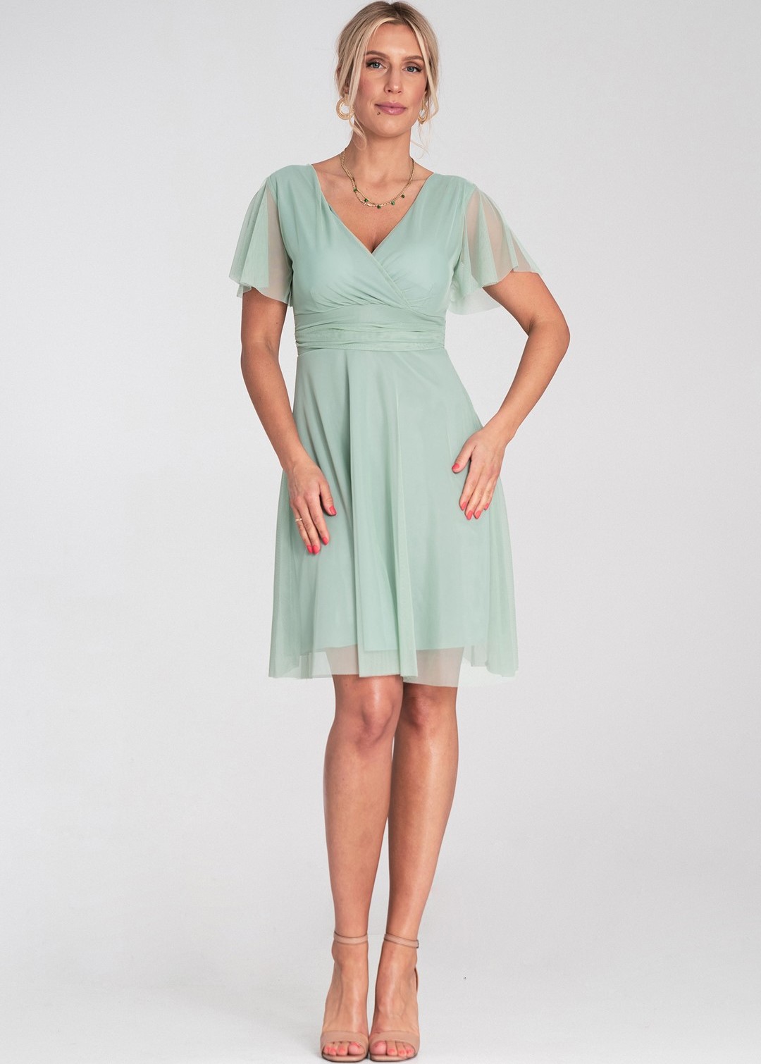 Mintové tylové šaty s krátkym rukávom M1206 Mint Veľkosť: S/M