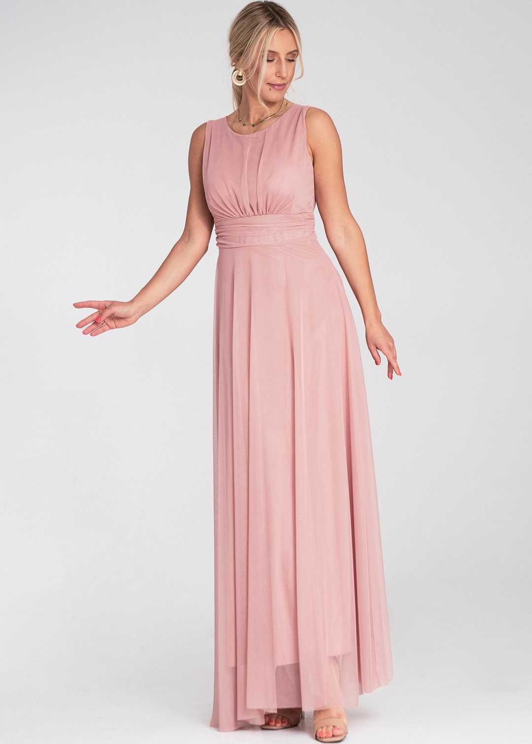 Ružové tylové maxi šaty so zaväzovaním v páse M1205 Pink Veľkosť: S/M