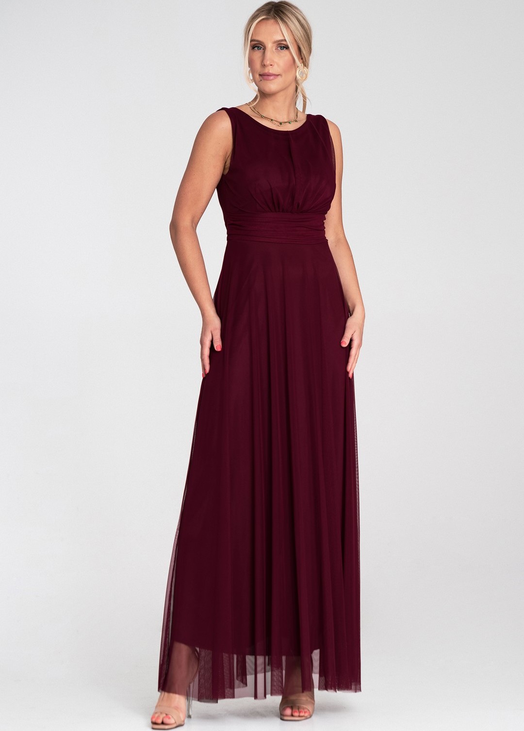 Vínové tylové maxi šaty so zaväzovaním v páse M1205 Deep Red Veľkosť: S/M