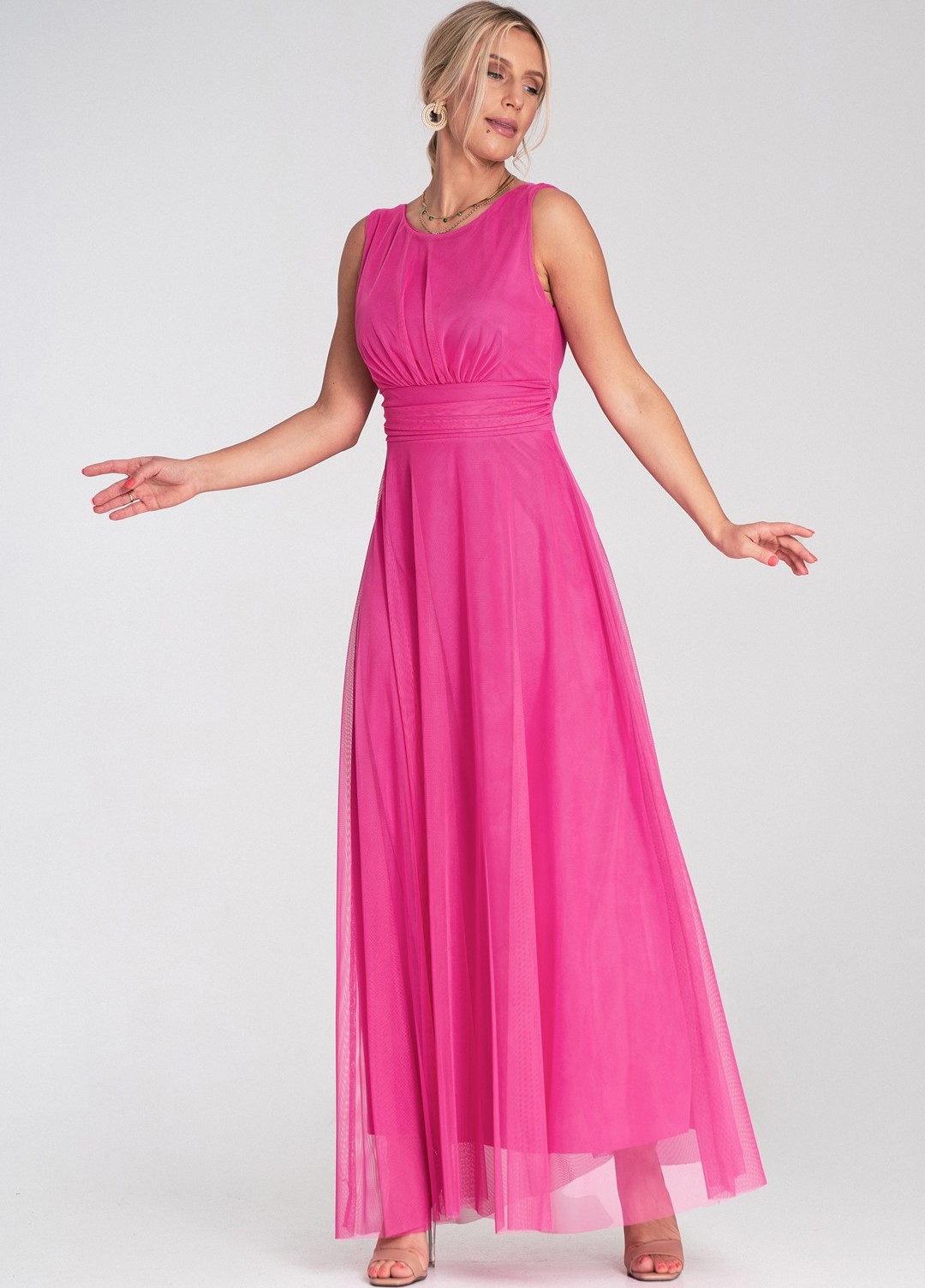 Tmavoružové tylové maxi šaty so zaväzovaním v páse M1205 Fuchsia Veľkosť: S/M