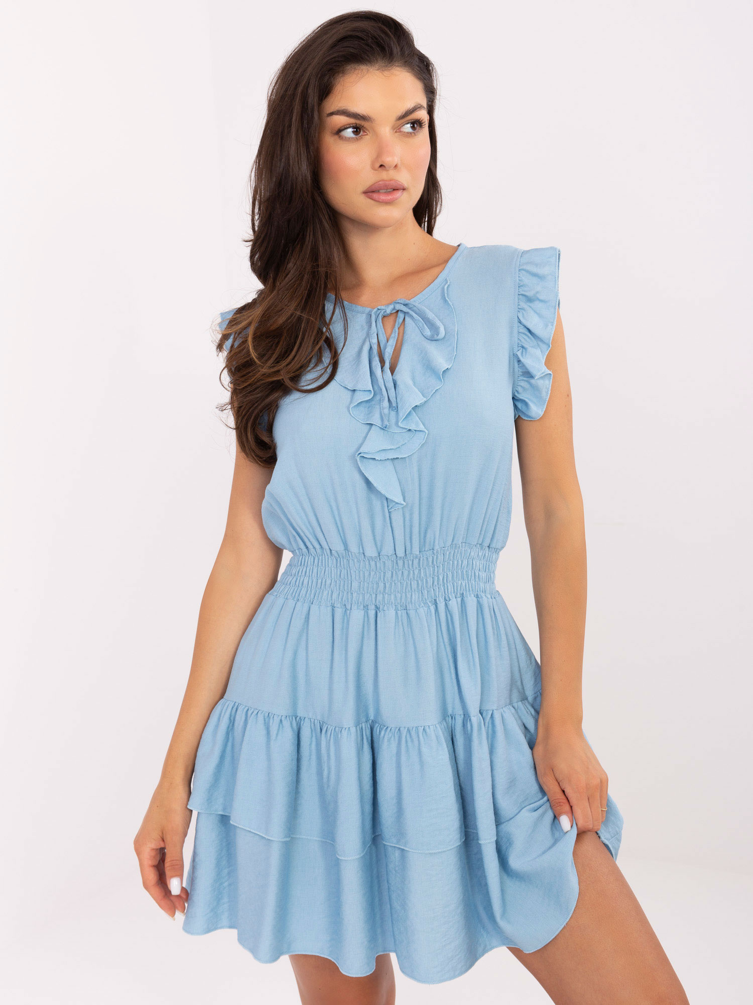 Svetlomodré dámske letné viskózové šaty s volánmi MI-SK-A2606.74-light blue Veľkosť: ONE SIZE