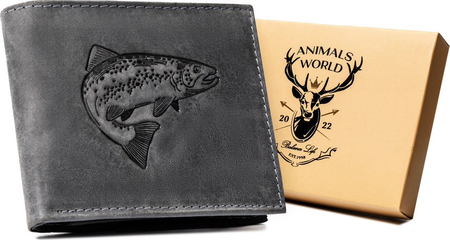 Always Wild Čierna kožená peňaženka s razbou ryby A166 [DH] N992-CHM-FISH Veľkosť: ONE SIZE