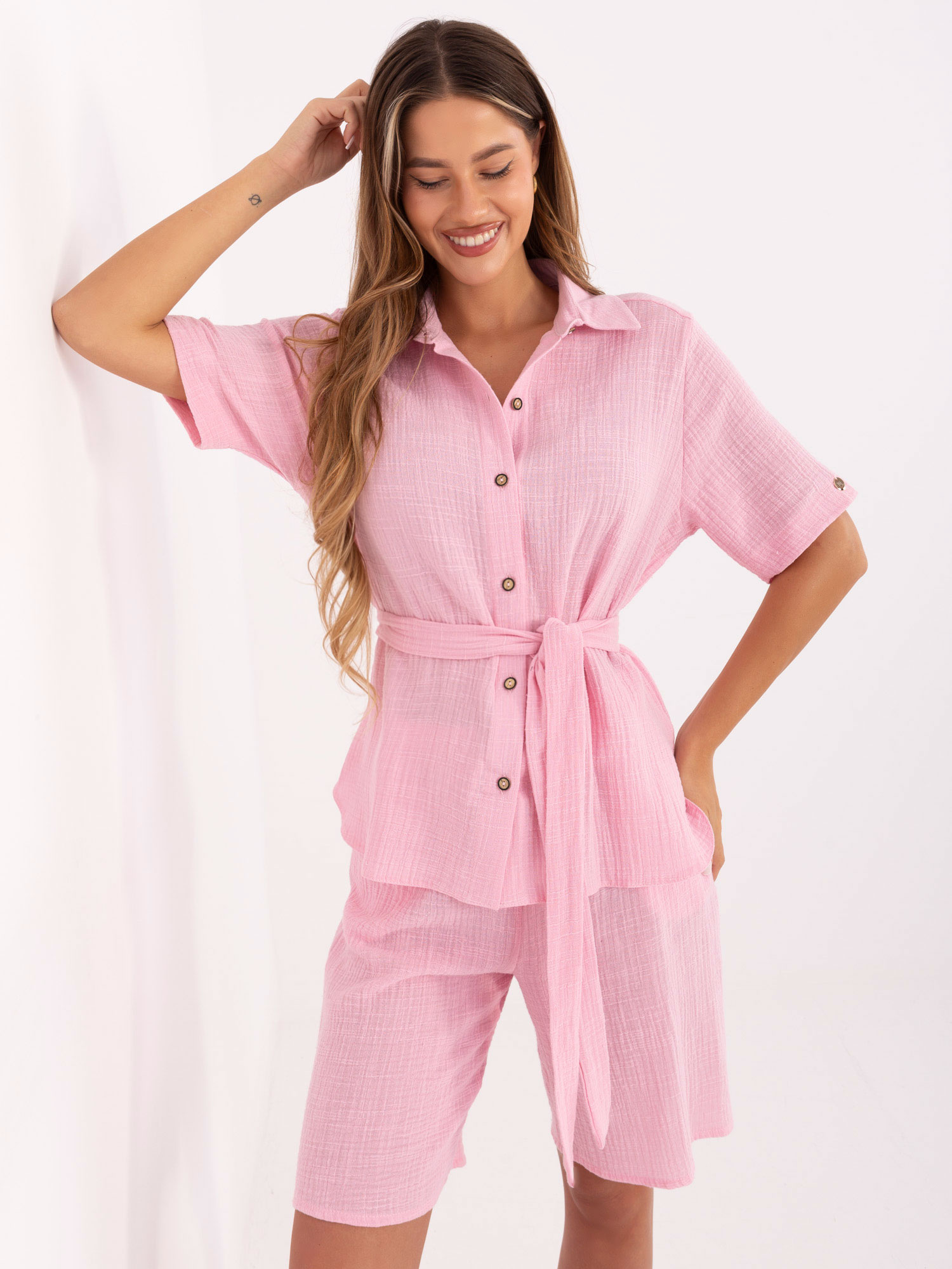 Svetloružový dámsky letný bavlnený set LK-KMPL-510096.96-light pink Veľkosť: S