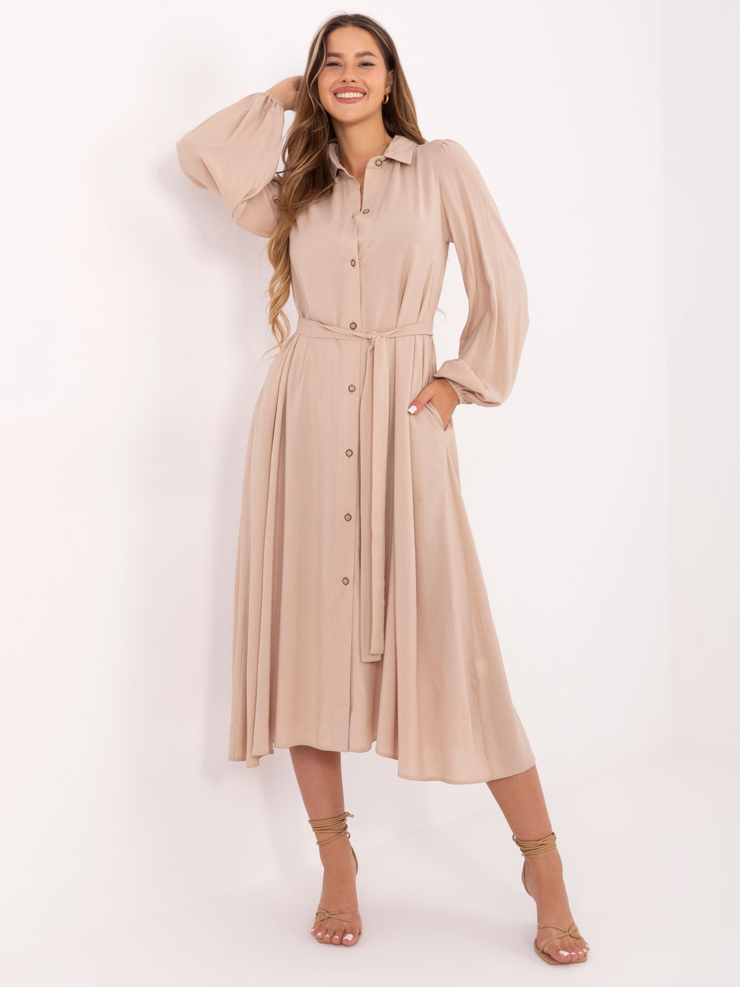 Béžové dámské košilové šaty z viskózy LK-SK-509813.95-beżowy Veľkosť: S/M