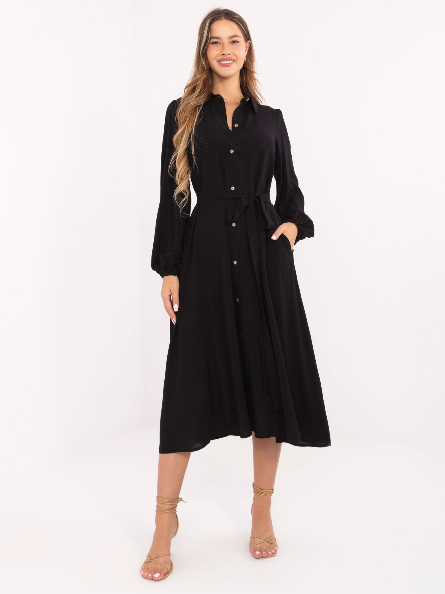 Čierne dámske košeľové šaty z viskózy LK-SK-509813.95-black Veľkosť: S/M