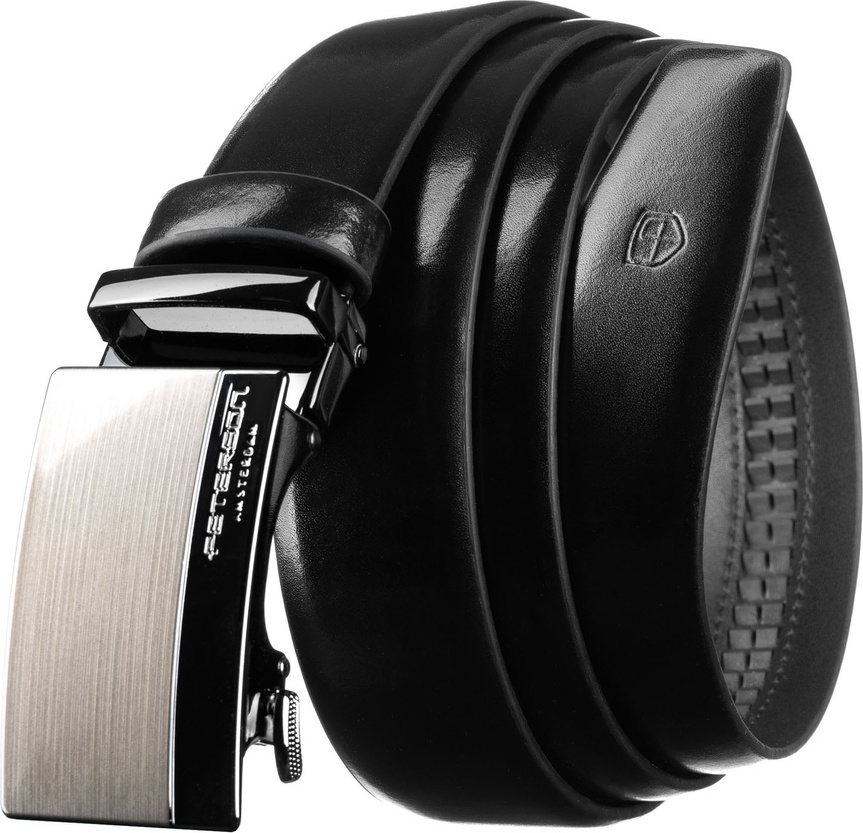 Peterson Pánsky čierny kožený opasok s automatickou striebornou prackou PTN A012 Veľkosť: 85