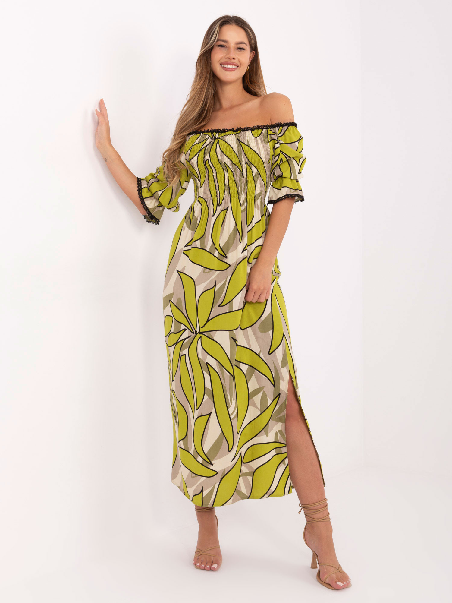 Khaki-béžové letné šaty z viskózy so vzormi LK-SK-510095.89-khaki Veľkosť: L/XL