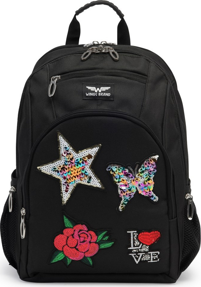 Čierny školský plecniak s aplikáciami Veľkosť: ONE SIZE