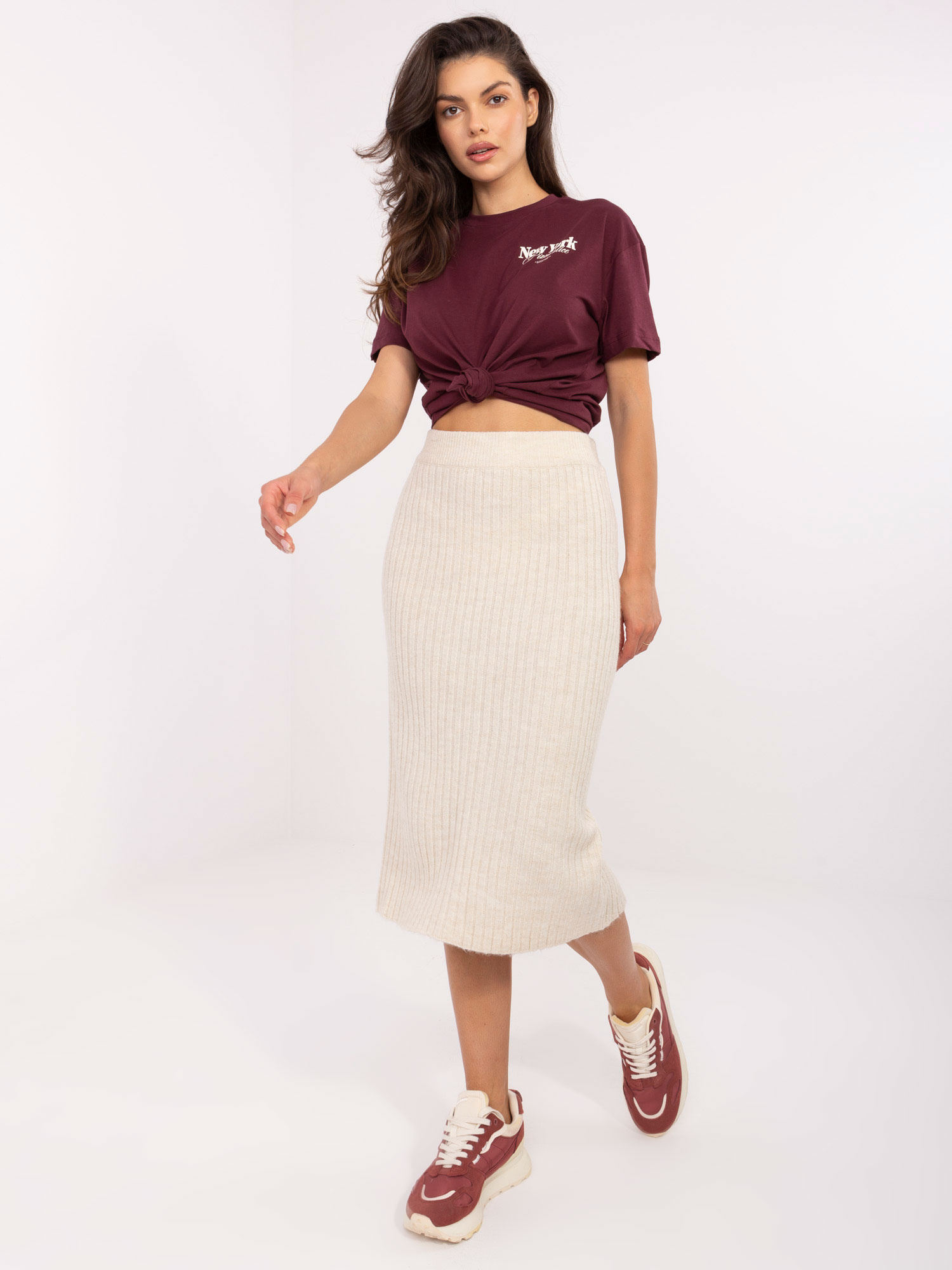 Svetlobéžová dámska pletená midi sukňa D93020M50243A1-light beige Veľkosť: XL
