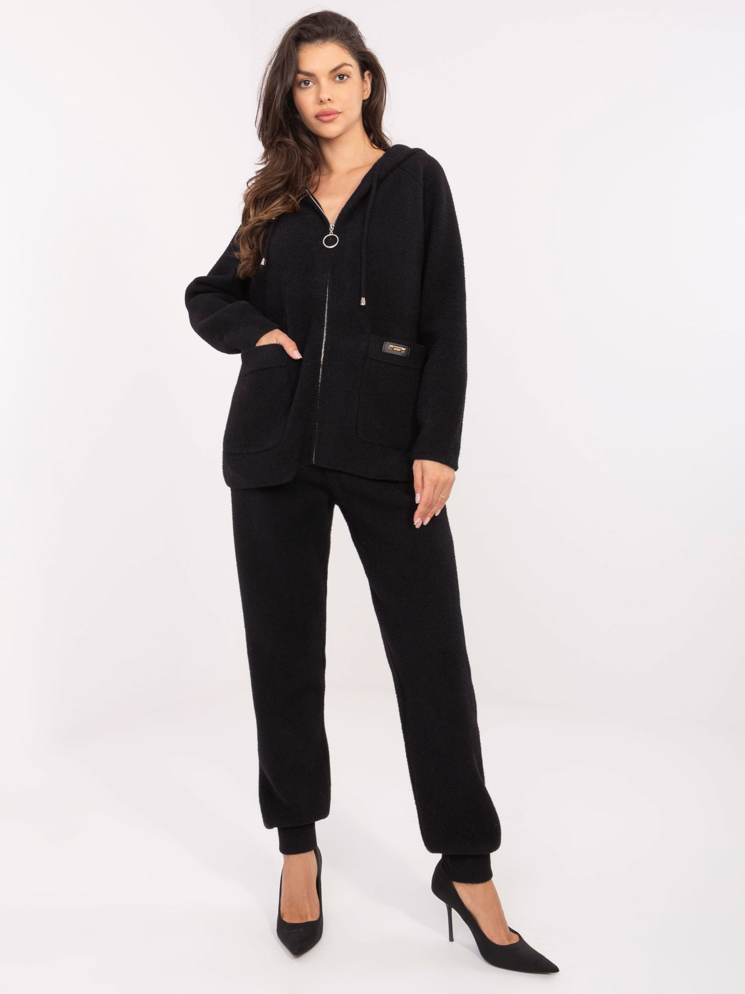 Čierna dámska pletená súprava mikiny a nohavíc MBM-KMPL-30818.60-black Veľkosť: ONE SIZE