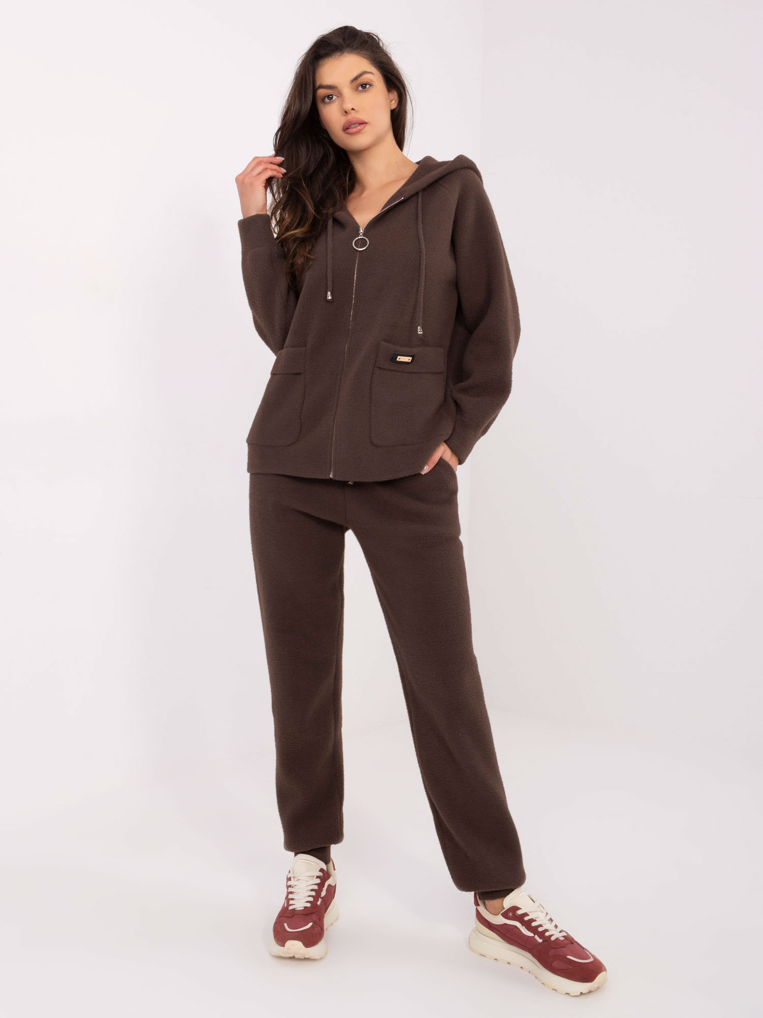 Čokoládovo hnedá dámska pletená súprava mikiny a nohavíc MBM-KMPL-30818.60-brown Veľkosť: ONE SIZE