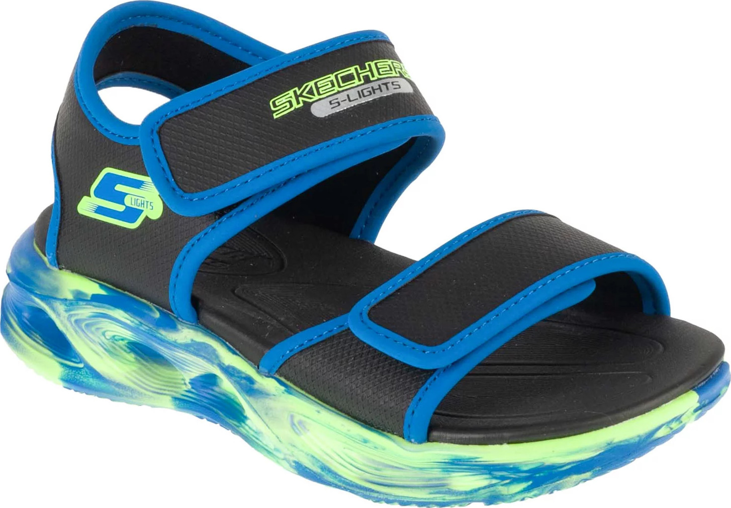 Čierne detské sandále Skechers S-Lights: Sola Glow Sandal - Fusion Brights 407032L-BKBL Veľkosť: 28