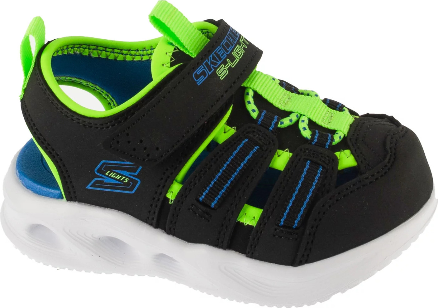 Čierne detské svietiace sandále s plnou špičkou Skechers S-Lights: Sola Glow Sandal - Hyper-Coast 407033N-BKLM Veľkosť: 26