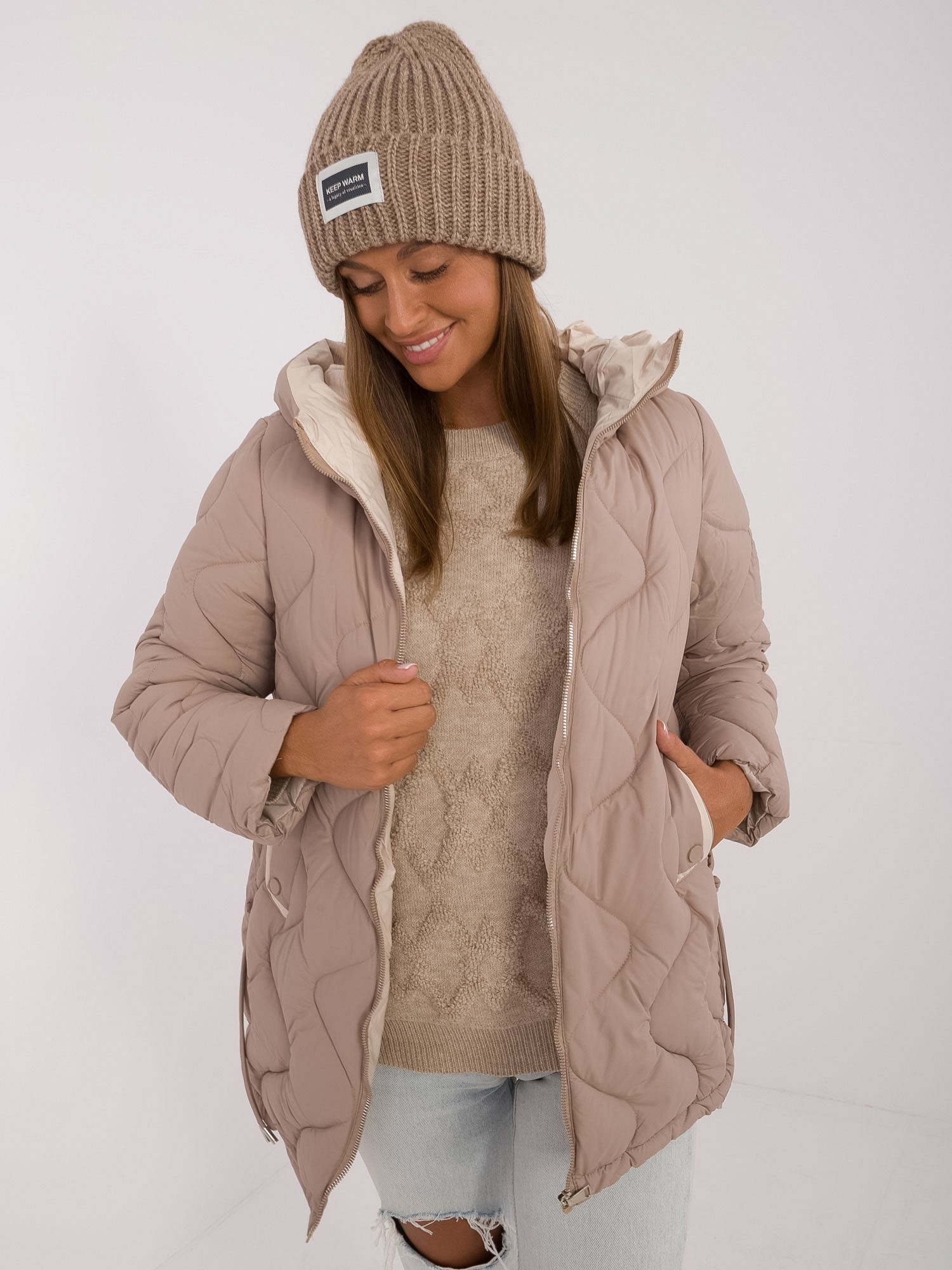 Béžová dámska prechodná bunda s kapucňou MBM-KR-2319.37-beige Veľkosť: M