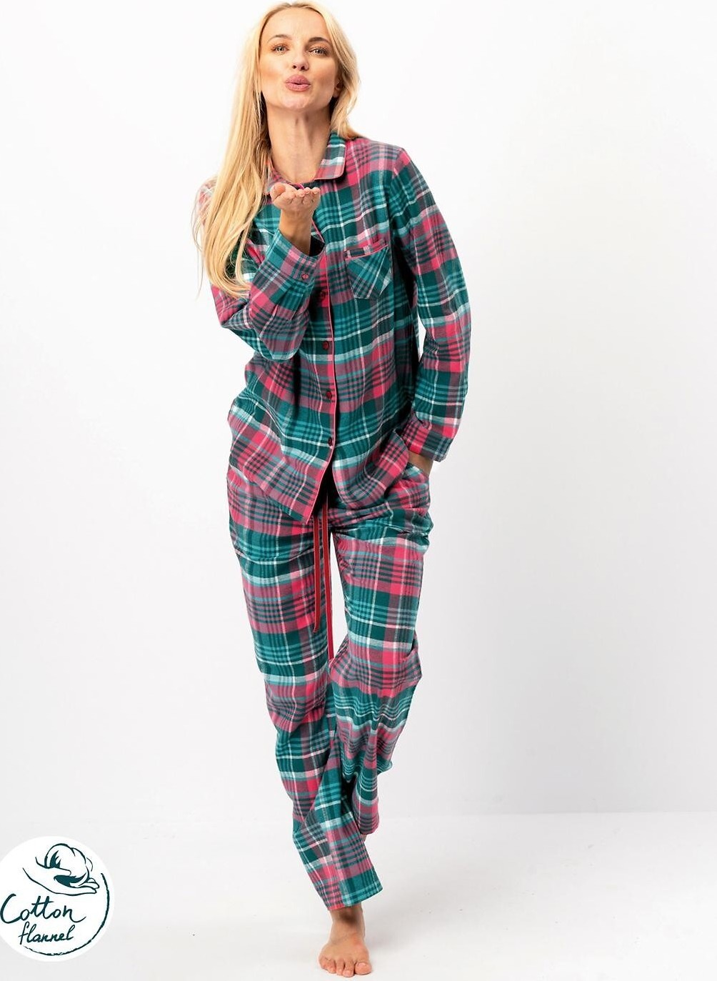Key Dámske kárované flanelové pyžamo LNS 419 B25 dł/r S-XL rozpinana damska Veľkosť: S, Barva: Zelená