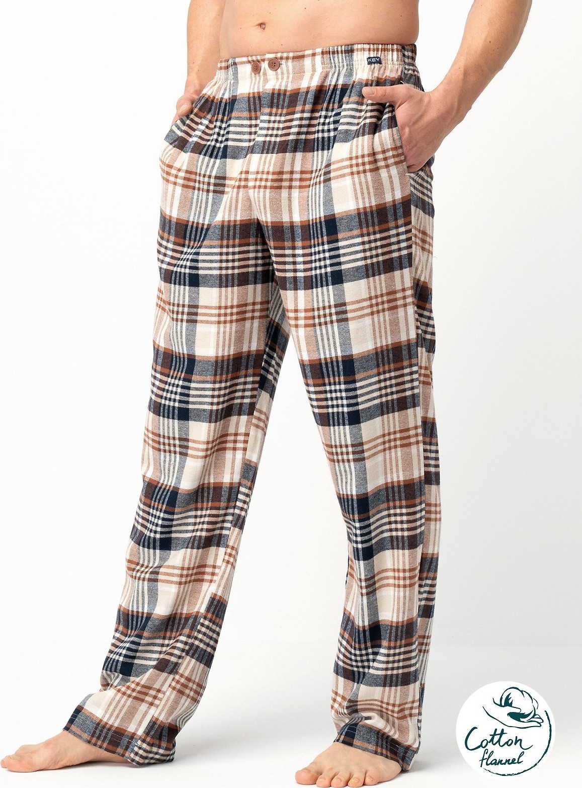 Kárované pánske pyžamové nohavice Key MHT 443 B25 M-2XL meskie Veľkosť: M, Barva: hnedá