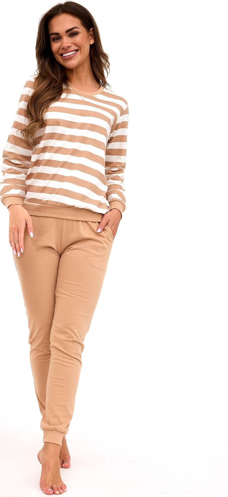 Cornette Bavlnené dámske dlhé pyžamo s pruhovaným tričkom 635/467 dł/r Molly 2 S-2XL damska Veľkosť: S, Barva: Béžová