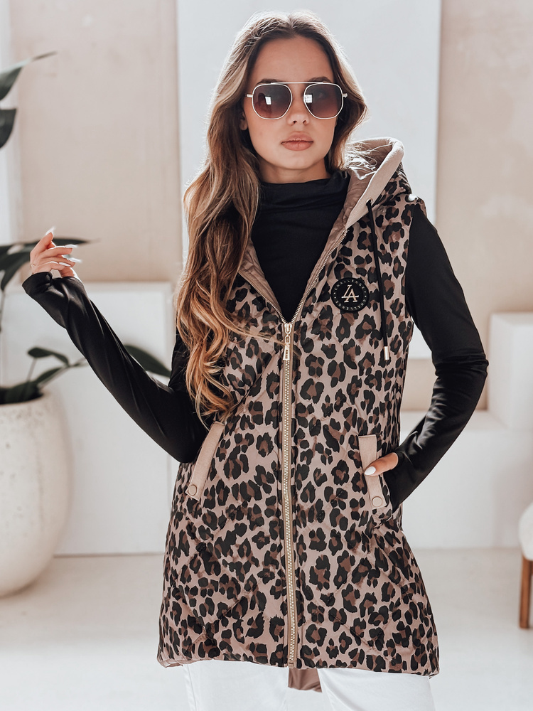 Béžová dámska asymetrická prešívaná vesta s leopardím vzorom ELMERA TY5029 Veľkosť: L