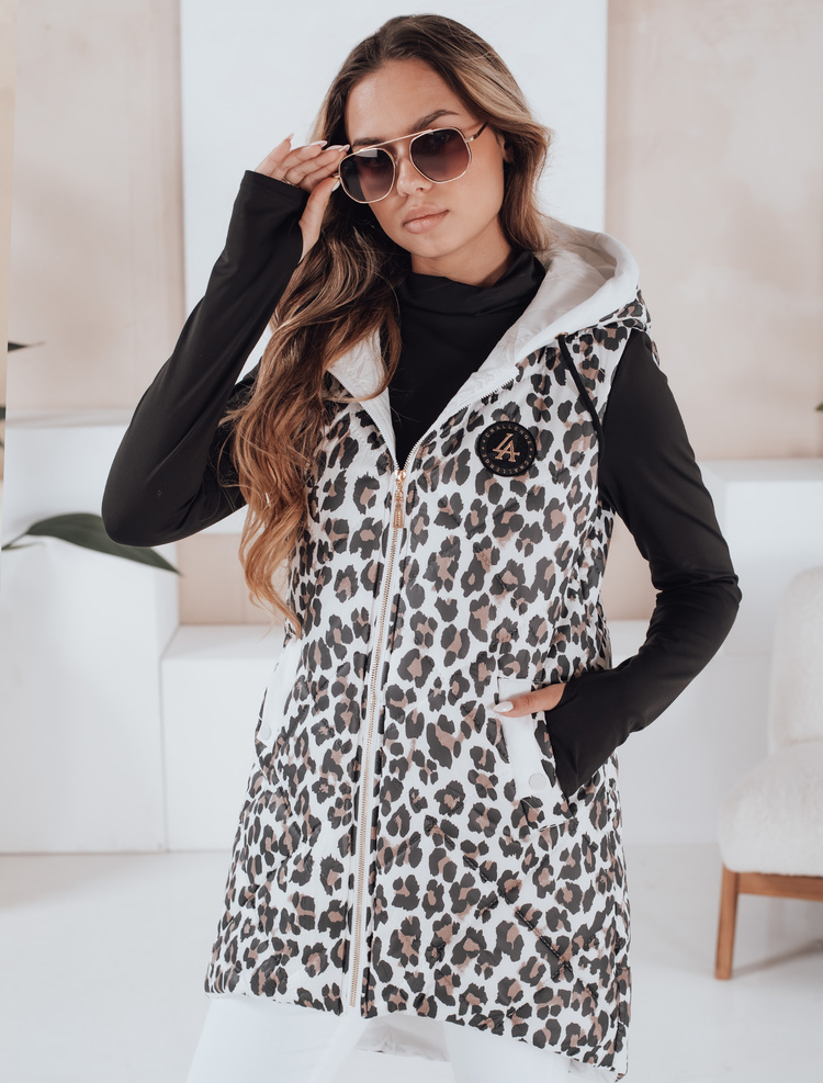 Biela dámska asymetrická prešívaná vesta s leopardím vzorom ELMERA TY5028 Veľkosť: XL