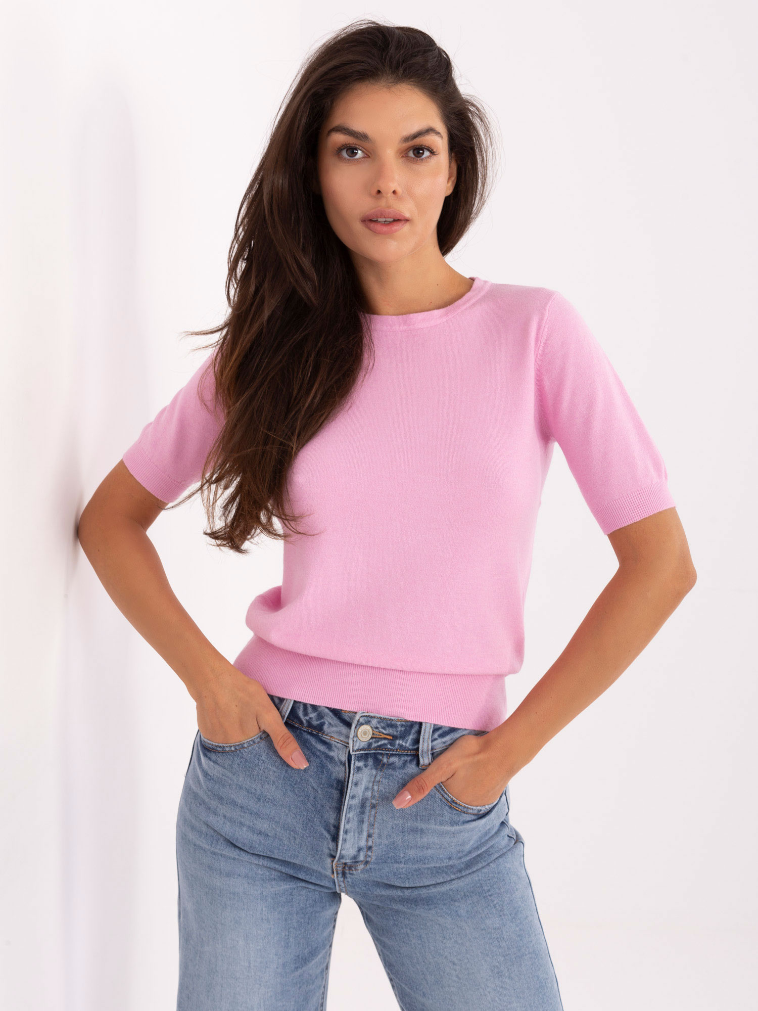 Svetloružový dámsky sveter s krátkym rukávom PM-SW-N30088.21-light pink Veľkosť: L/XL