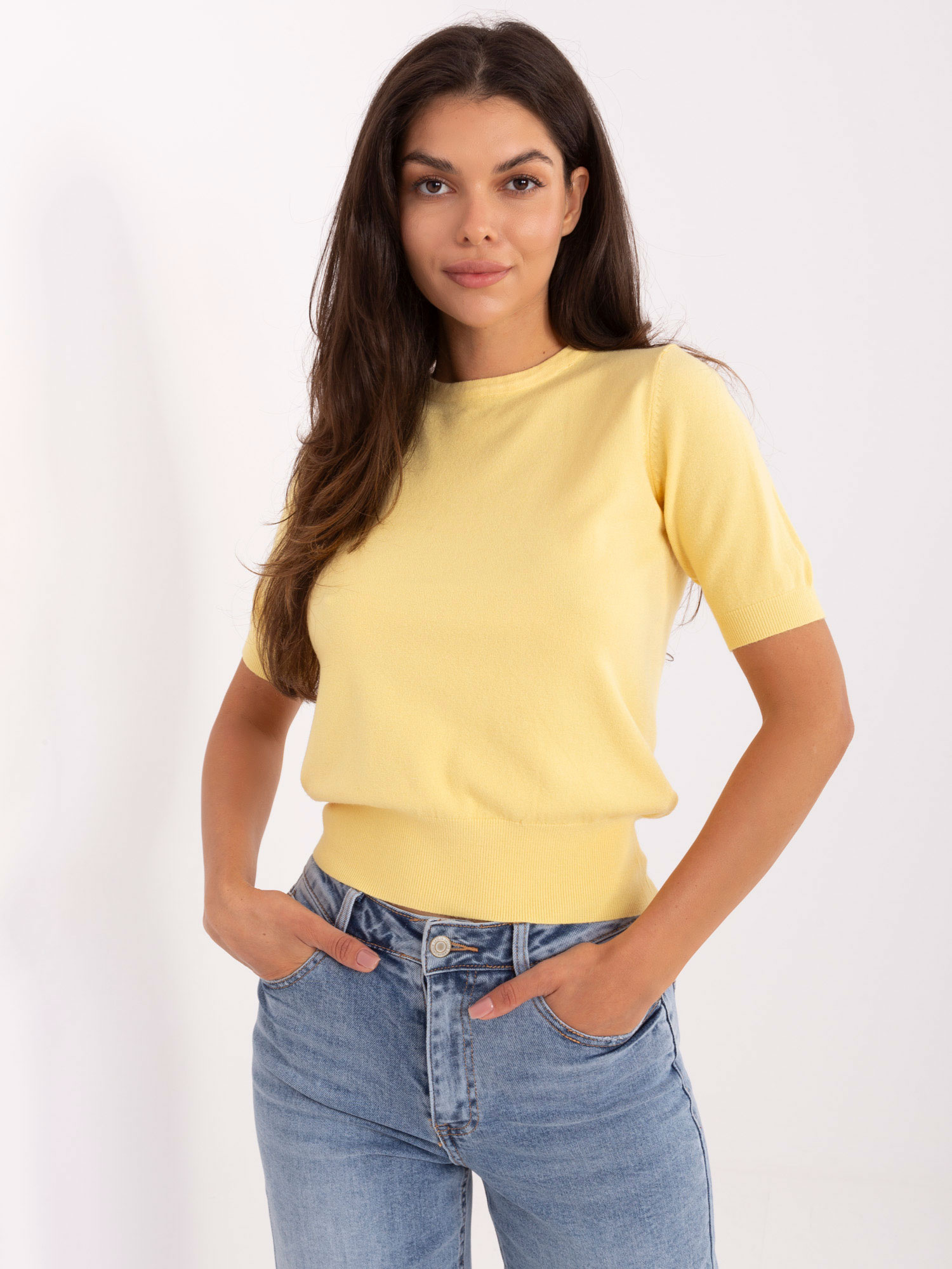 Žltý dámsky sveter s krátkym rukávom PM-SW-N30088.21-yellow Veľkosť: S/M