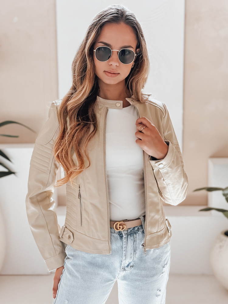 Béžová dámska koženková bunda ROCKMISS s ozdobným prešívaním TY5215 Veľkosť: S