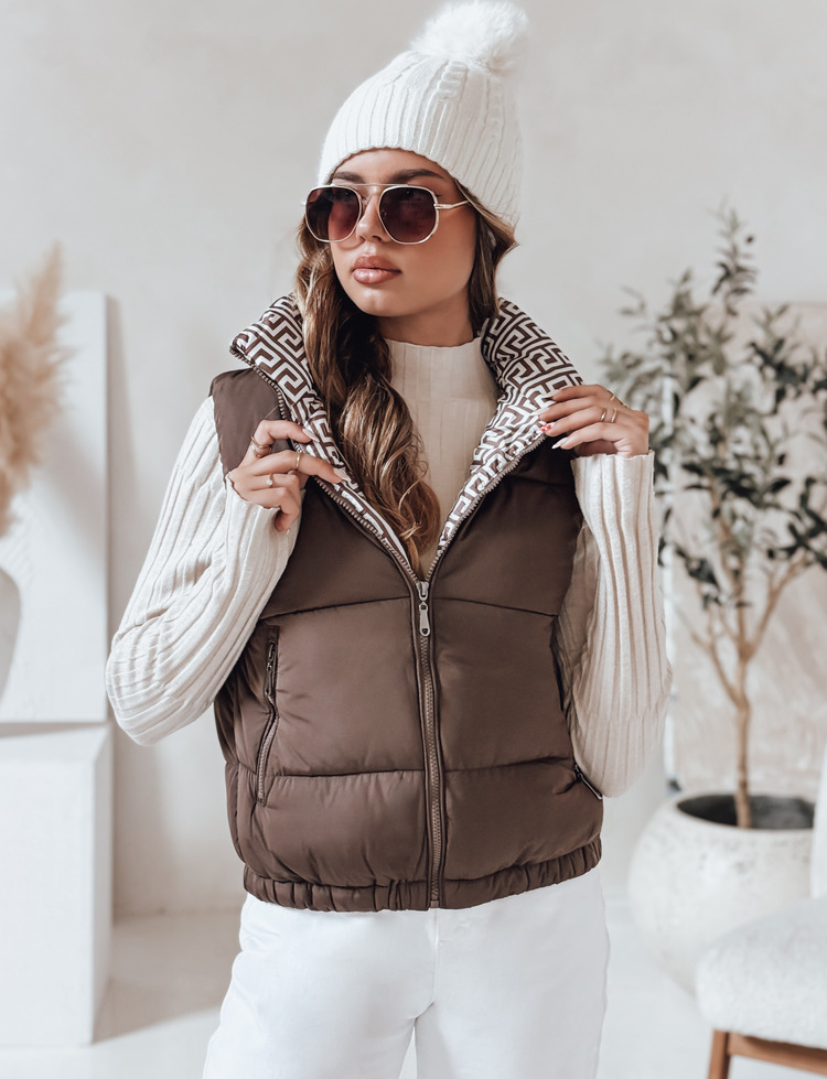 Hnedá dámska krátka prešívaná vesta URBANELLE s elastickým pásom TY4971 Veľkosť: S