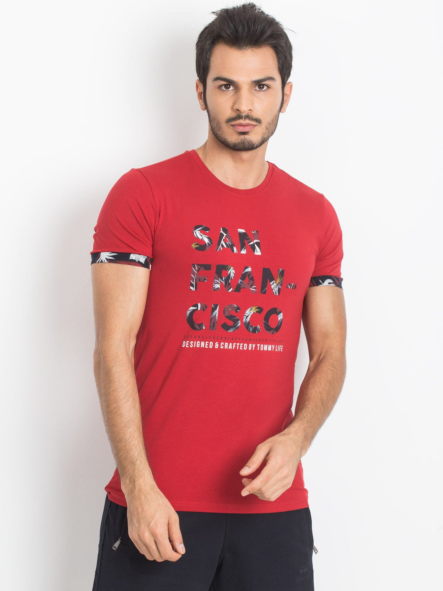 TOMMY LIFE Červené pánske tričko San Francisco 298-TS-TL-87307.02X-red Veľkosť: S