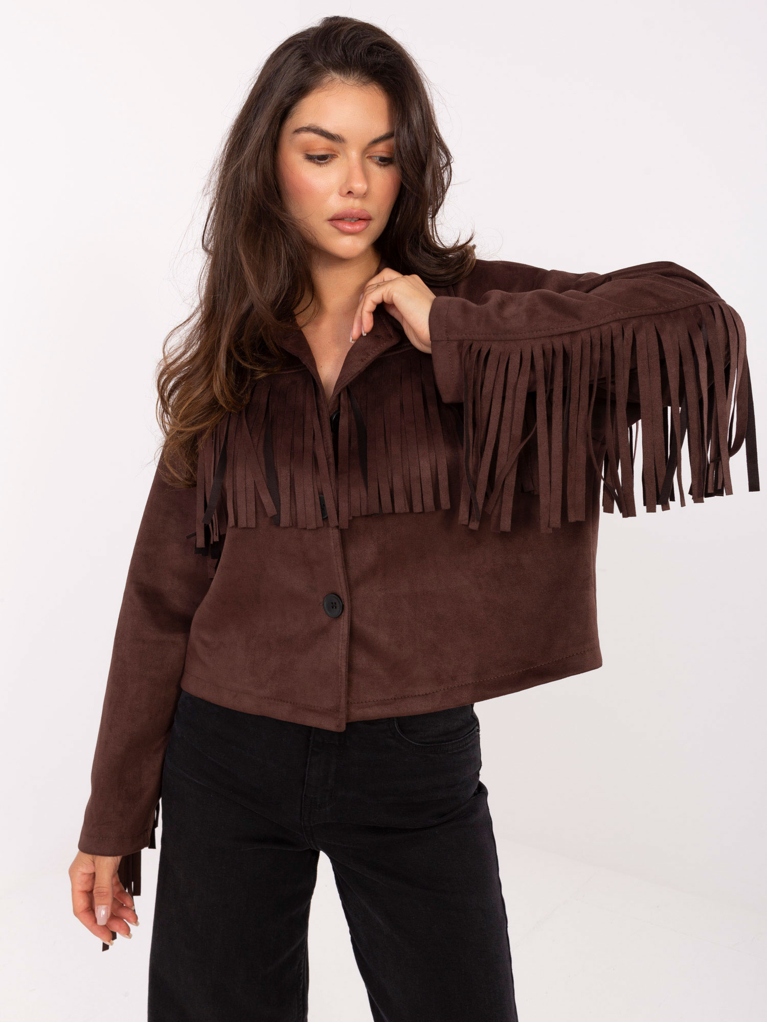 Hnedá dámska semišová bunda so strapcami IT-KR-96753.61-brown Veľkosť: ONE SIZE