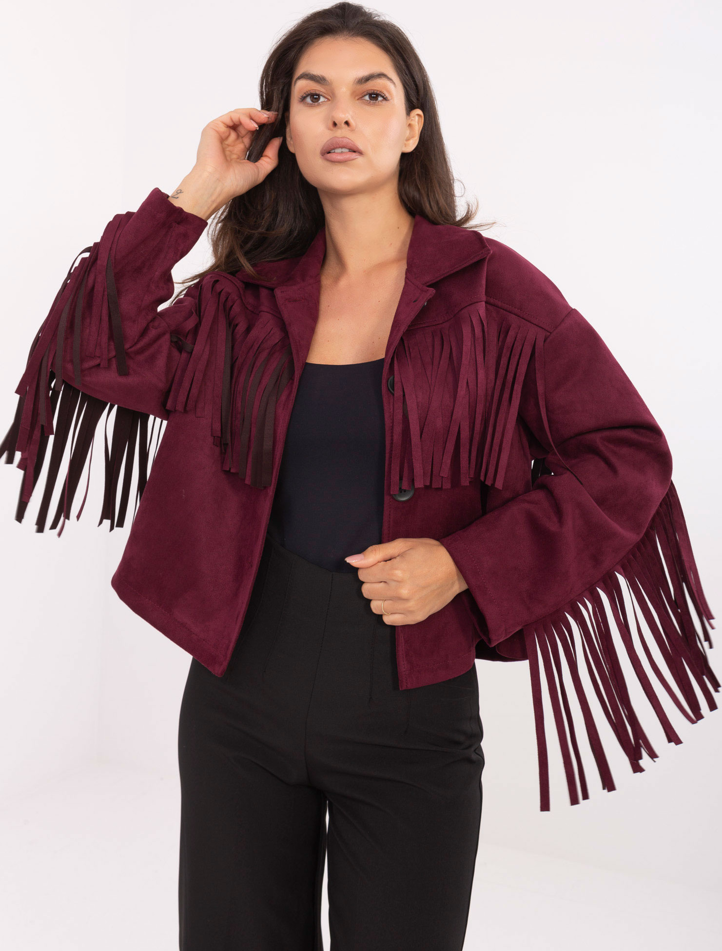 Vínová dámska semišová bunda so strapcami IT-KR-96753.61-bordo Veľkosť: ONE SIZE