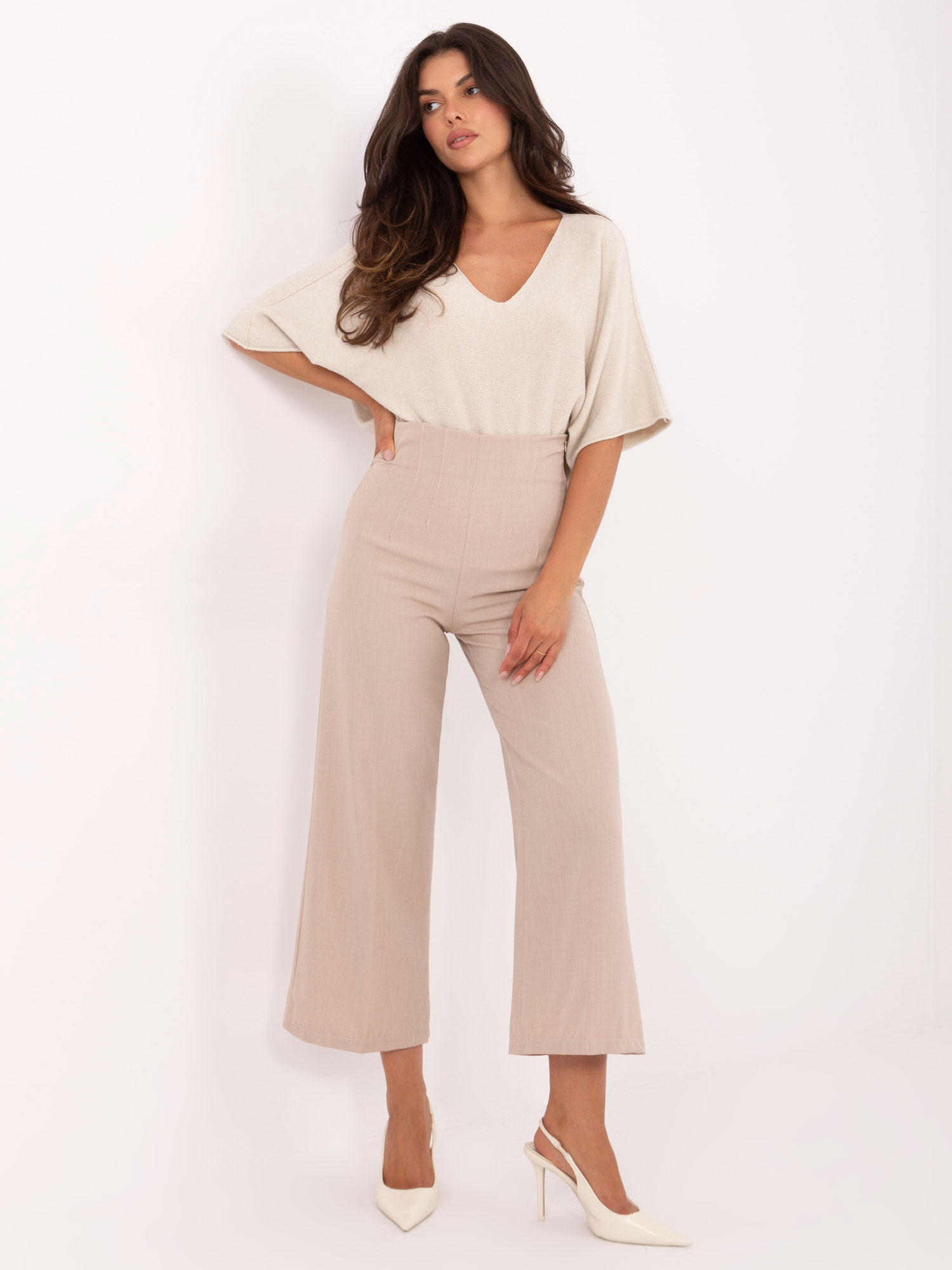 Svetlobéžové dámske elegantné nohavice s vysokým pásom IT-SP-FL9068.96-beige Veľkosť: XL