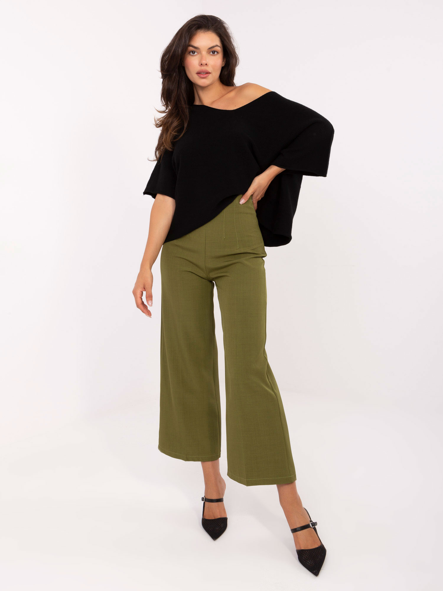 Tmavozelené dámske elegantné nohavice s vysokým pásom IT-SP-FL9068.96-olive Veľkosť: M