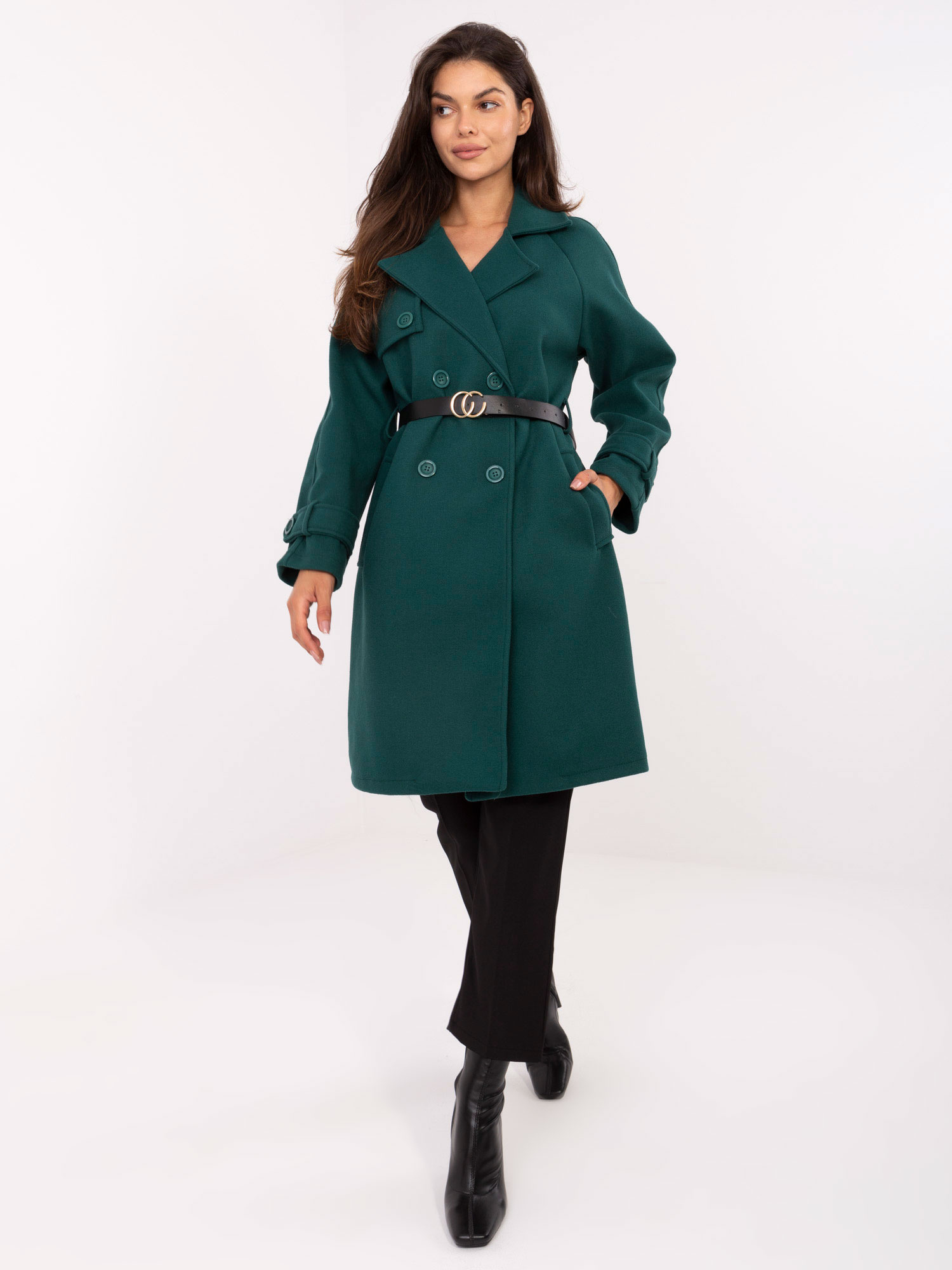 Tmavozelený dámsky kabát s vreckami a opaskom IT-PL-FL5712.84-dark green Veľkosť: ONE SIZE
