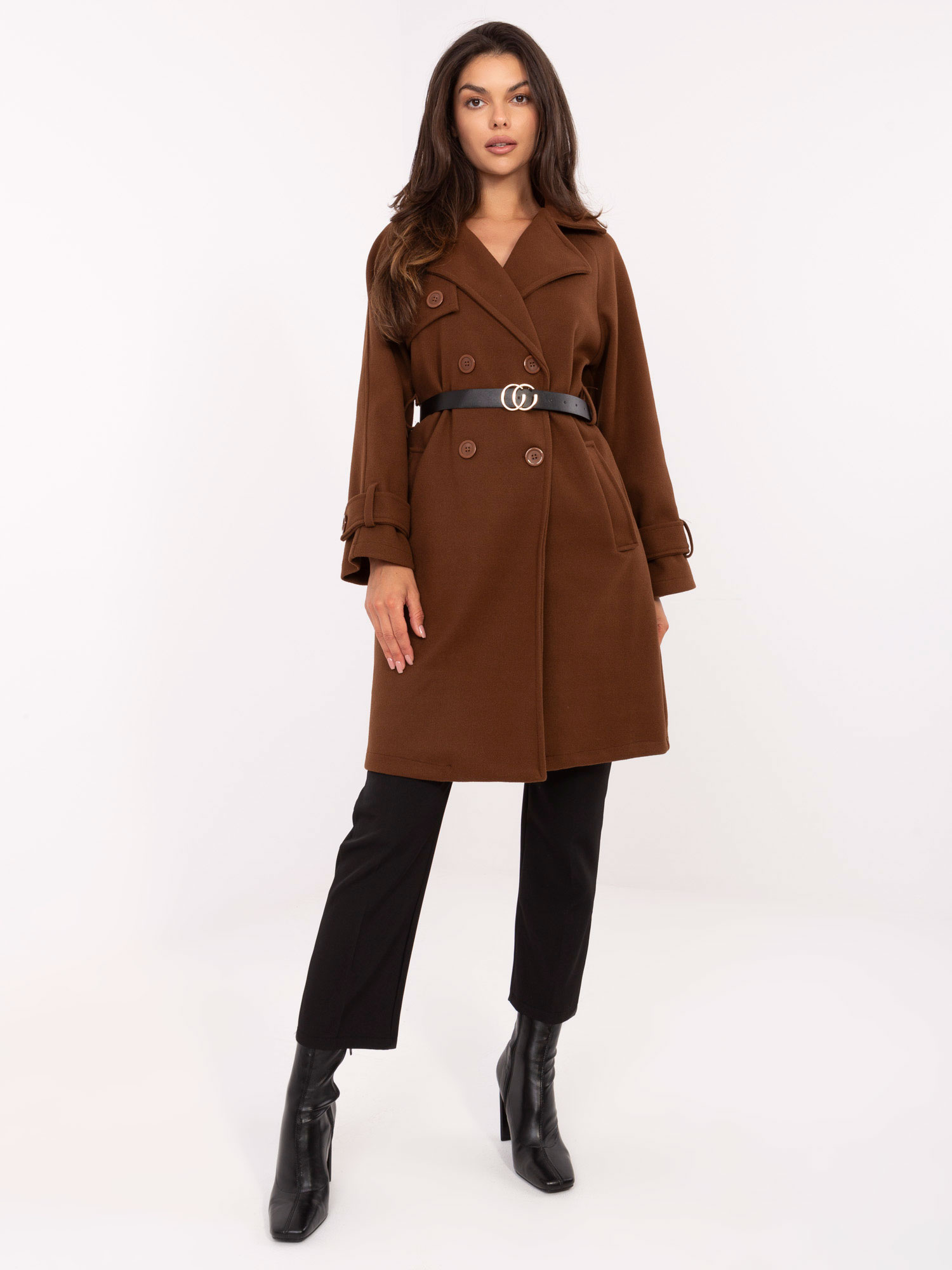 Hnedý dámsky kabát s vreckami a opaskom IT-PL-FL5712.84-brown Veľkosť: ONE SIZE