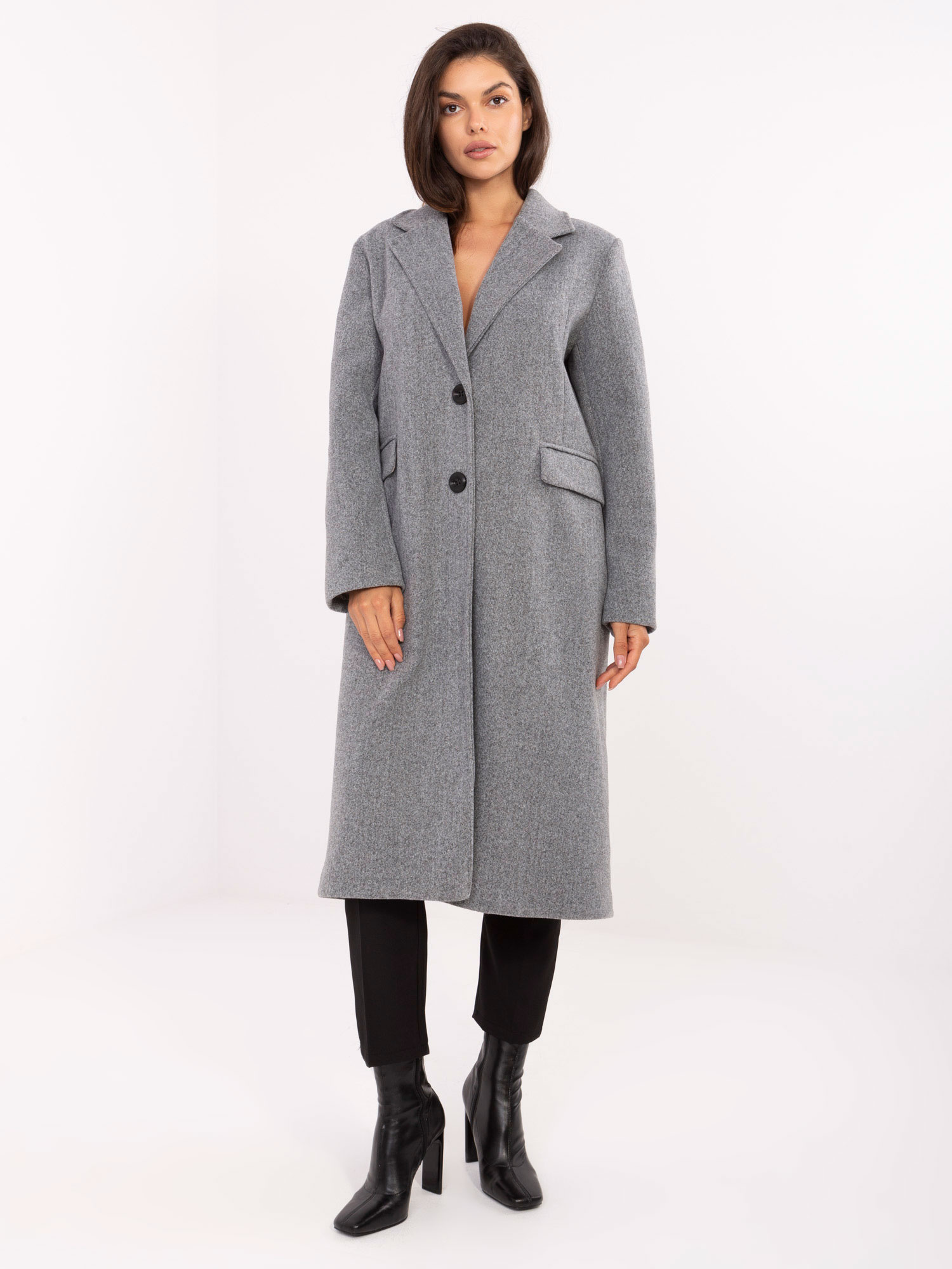 Šedý dámsky kabát s ramennými vypchávkami IT-PL-80320.65-grey Veľkosť: ONE SIZE