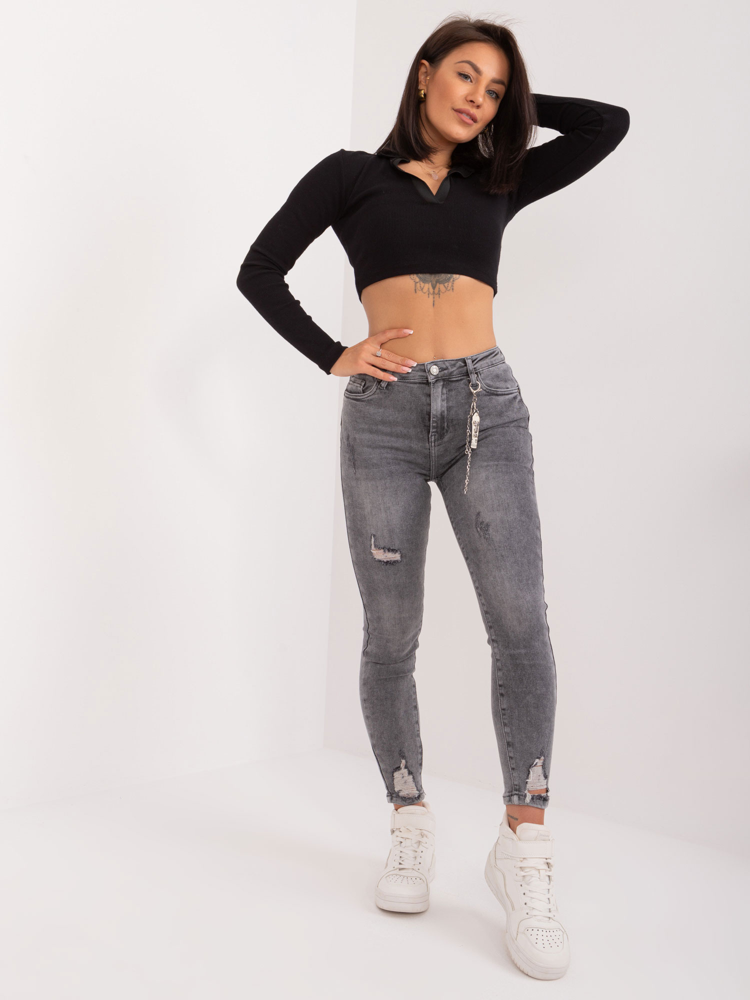 Tmavosivé dámske džínsy s vysokým pásom -PM-SP-J1323-11.28X-dark grey Veľkosť: XL