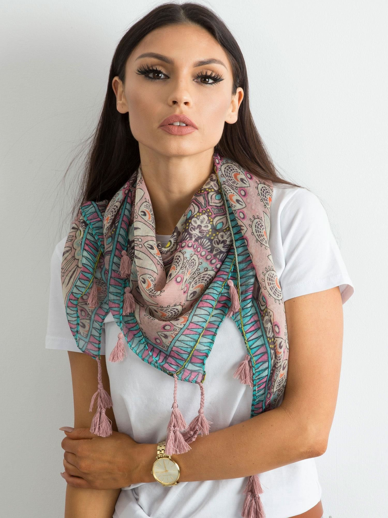 Farebná dámska šatka s etnickými vzormi AT-CH-ENEC-71.33P-light pink Veľkosť: ONE SIZE